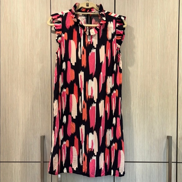 Mary Square‎ Sleeveless Shift Dress | Pink, White, Navy Abstract Design | Small - Picture 1 of 11